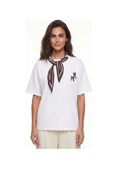 Onloox Kadın Beyaz Beyaz Pamuklu Yuvarlak Yaka Salaş Kalıp Fularlı Ve Nakış Detaylı Kısa Kollu T-shirt