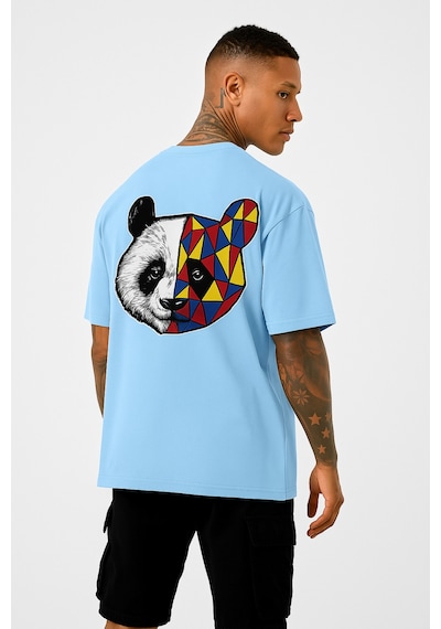 Panda Baskılı Oversize Siyah T-shirt Bebe Mavisi