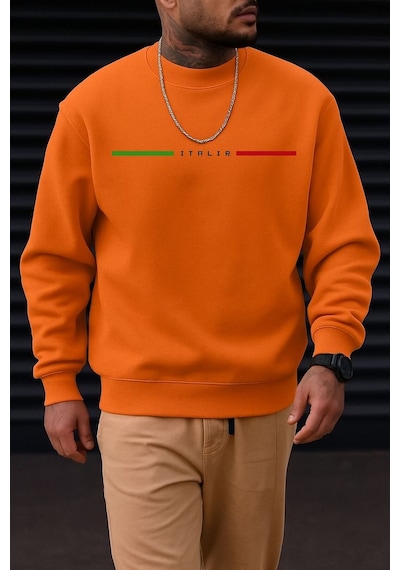 Benroma 3 İplik Penye Italıa Baskılı Unisex Sweatshırt Turuncu