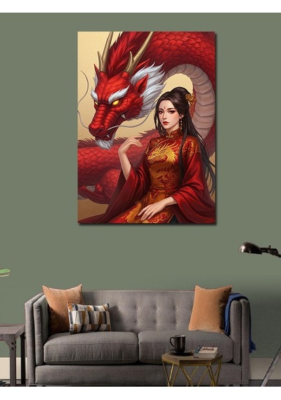 Kanvas Tablo Ejderha Ve Kırmızı Elbiseli Kadın 50cmx70cm