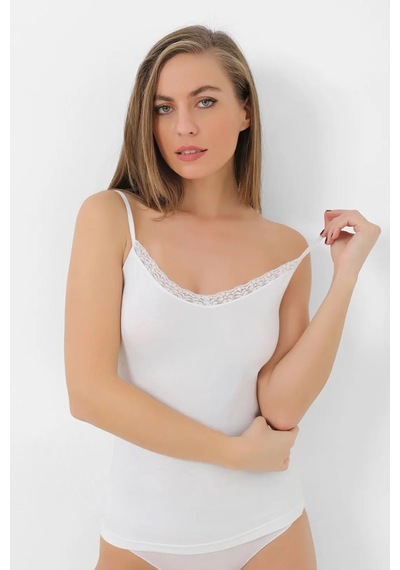 Terrien Premium Günlük Modern İç Giyim Kadın Bambu Beyaz V Yaka İp Askılı Dantelli Atlet 2'li Paket