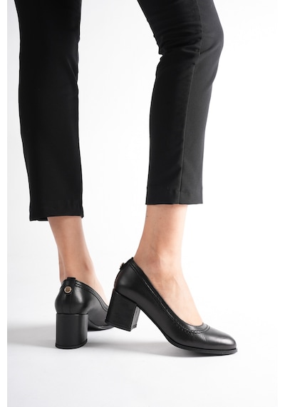 Analin Shoes Kadın Hakiki Deri Dikiş Detaylı Günlük Kalın Topuklu Ayakkabı Siyah