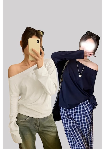 Beyaz Lacivert 2 Li Paket Kadın Düşük Omuz Kayık Yaka Oversize Uzun Kollu T-shirt Lacivert - Beyaz