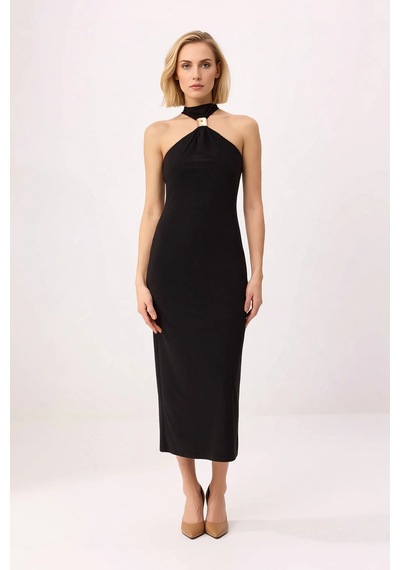 Benerly Kadın Bodycon Halter Yaka Kolsuz Midi Esnek Örme Elbise Aksesuar Siyah