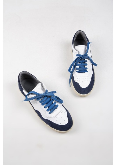 Krahe Artemis Erkek Hakiki Deri Eskitme El Boyamalı Bağcık Ve Iki Yedek Bağcıklı Beyaz-Mavi Sneakers 001