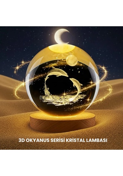 Yunus Temalı Kristal Küre Usb Işıklı Ahşap Altlıklı Gece Lambası Açık Gri