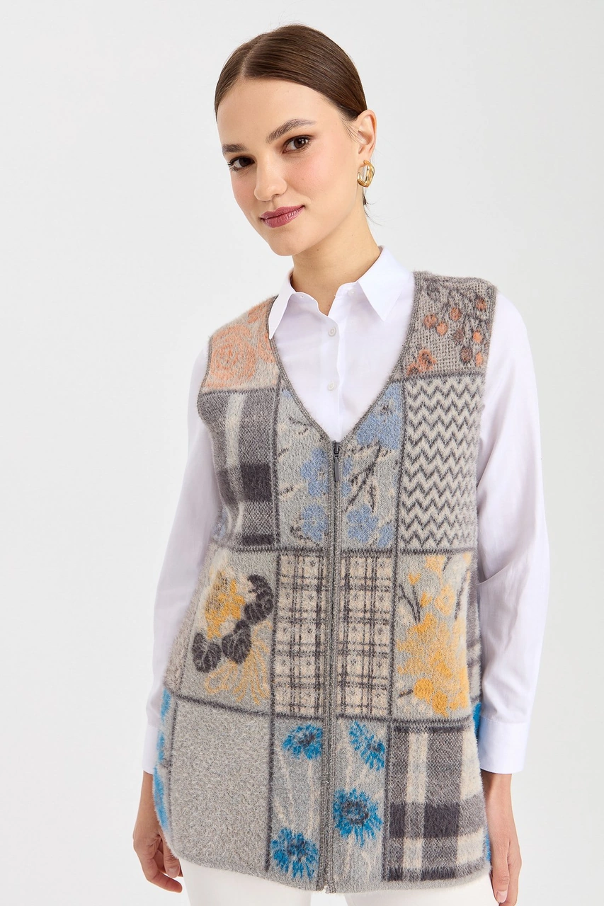 Desen Triko Kadın V Yaka Patchwork Yelek K.gri K.GRİ