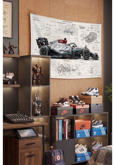 Mercedes Amg Petronas F1 Teknik Çizim Dekoratif Duvar Örtüsü Duvar Halısı Beyaz