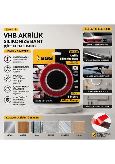 Sgs-2523 Vhb Akrilik Silikonize Bant 15mmx5yrd Bandı Çift Taraflı Bant Diğer