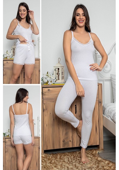 Myben Kadın Beyaz Renkli Dantel Detaylı Şortlu Ve Taytlı Pijama Takımı 3'lü Set 75020 Beyaz Myben Kadın Beyaz Renkli Dantel Detaylı Şortlu Ve Taytlı Pijama Takımı 3'lü Set 75020 Beyaz
