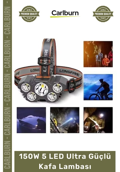 Kafalambası Şarjlı Kamp Avcılık Dağcılık Outdoor Yüksek Lümen 150w 5 Led Ultra Güçlü Kafa Lambası Çok Renkli