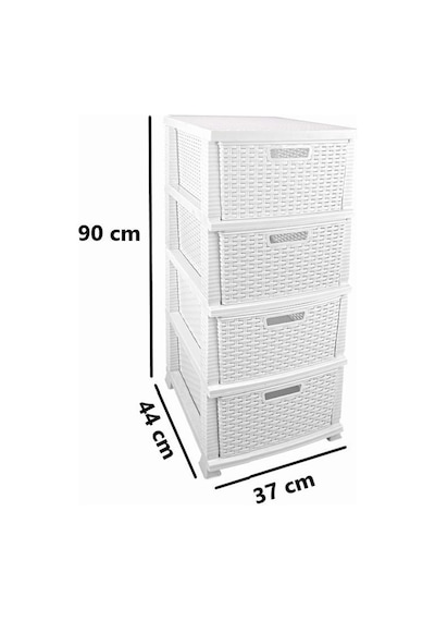 Omnipazar Srl-4002 Rattan Hasır Desen Plastik Komidin Mutfak Sebzelik 4 Katlı Beyaz