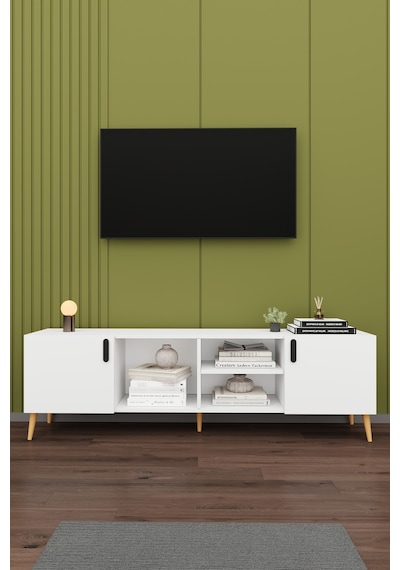 Asra Trend Tv Ünitesi T-09 %100 MDF 180 cm Tv Sehpası Dolaplı Raflı Beyaz