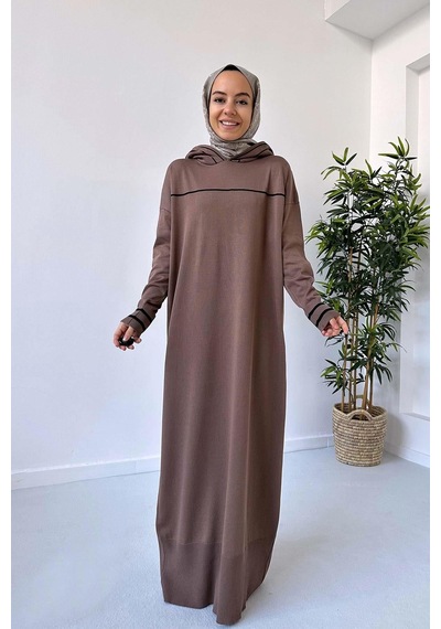 Kahijab Kapüşonlu Merserize Elbise - Kahverengi