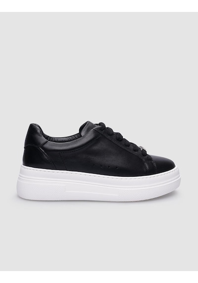 %100 Hakiki Deri Siyah Bağcıklı Kadın Sneaker-siyah Siyah