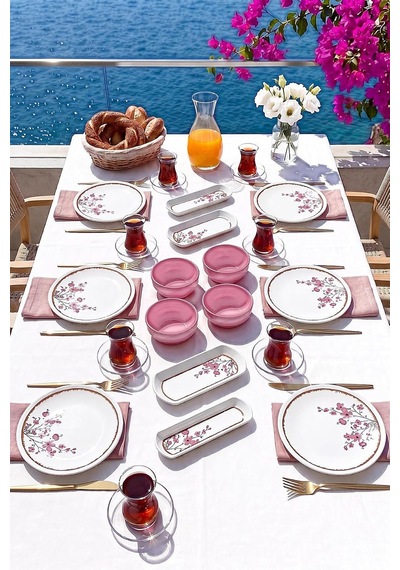 Lüx Seramik Sakura Çiçeği 14 Parça 6 Kişilik Kahvaltı Takımı Seti Diğer