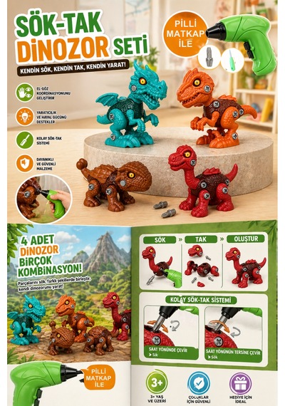 Sök Tak 4'lü 12cm Dinozor Oyuncak Seti Vidalı Montajlı Eğitici Oyuncak + Pilli Matkap İle