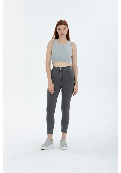 Yüksek Bel Gri Skinny Jean Pantolon Gri