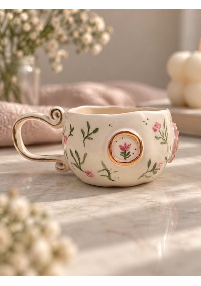 Rose Garden Kupa El Yapımı Seramik Beyaz - Çok Renkli
