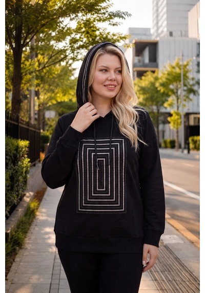 Aytemas Önü Ve Kapüşonu Taşlı Sweatshirt Siyah