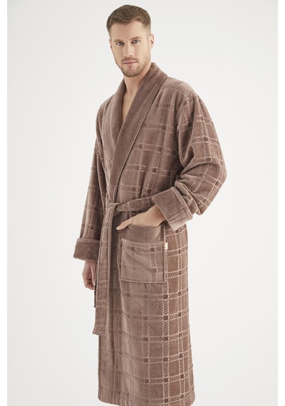 Jakarlı %100 Cotton Erkek Bornozu Kahve