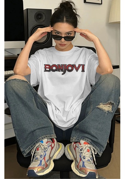 Bonjovi Rock Metal Şarkıcı Baskılı Unisex Oversize Premium Tişört Beyaz