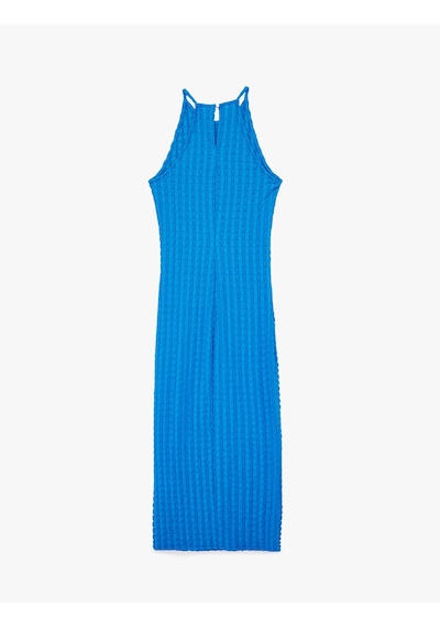 Koton Bürümcük Kumaş Slim Fit Uzun Halter Yaka Kalem Elbise Mavi 6sak80020uk Mavi