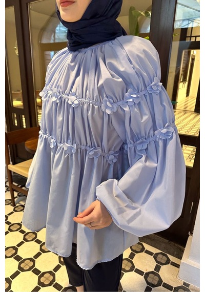 Unika Boutique Mini Çiçekli Kadın Tesetettür Gömlek Mavi