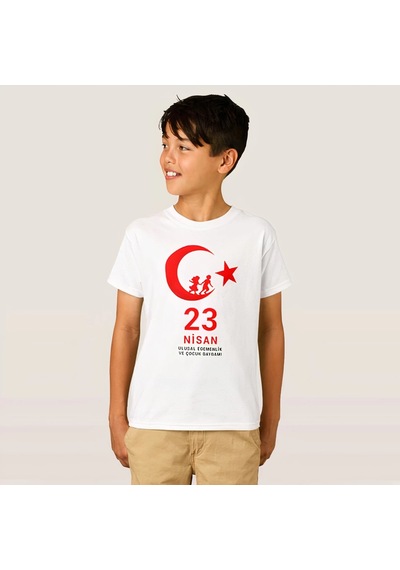 Çocuk 23 Nisan Ulusal Egemenlik Ve Çocuk Bayramı Baskılı Bisiklet Yaka T-shirt - Beyaz Çok Renkli