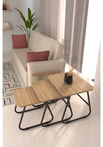 Vilinze Zigana Çok Amaçlı Siyah Metal Ayak 3'lü Naturel Mdf Zigon Sehpa Siyah-naturel