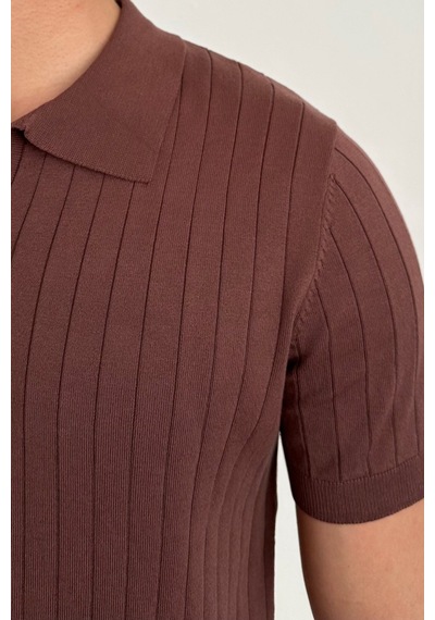 Tarz Cool Erkek Mat Kahverengi Slim Fit Fitilli Polo Yaka Triko T-shirt Mat Kahverengi