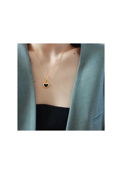 Shade - Çift Taraflı Siyah Beyaz Kalp Paslanmaz Çelik Unisex 14 Şubat Özel Tasarım Hediye Kolye Gold