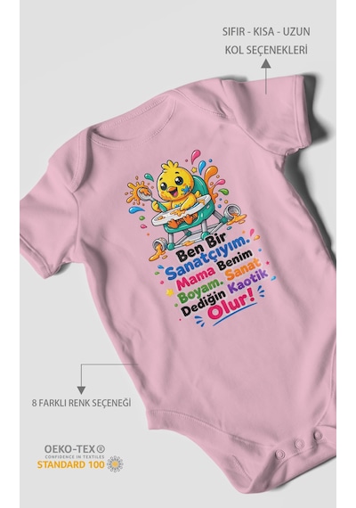 Morivokids Ben Bir Sanatçıyım Yazılı Kısa Kollu Bebek Body %100 Pamuk Koyu Pembe