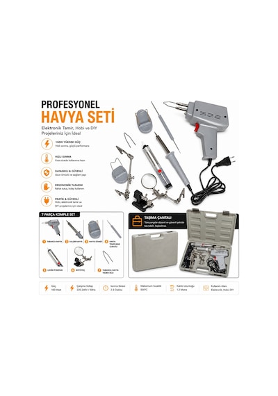 100W Profesyonel Havya Seti 7 Parça Tabanca Havya + 30W Kalem Havya Lehim Tamir Kiti Büyüteçli Taşıma Çantalı -
