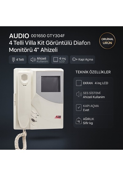Audıo 001650 Gty304f 4 Telli Villa Kit Görüntülü Diafon Monitörü 4 Ahizeli