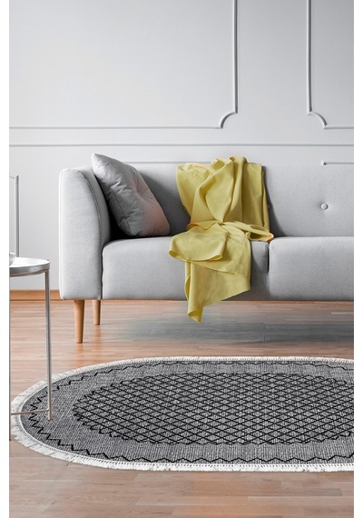 Dekoreko Kaymaz Taban Djt Salon Halısı Trend Saçaklı Oval Modern M5001 gri
