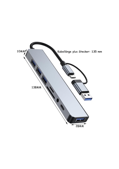 Lexroo Usb C Hub 8'i 1 Arada Usb Hub 3.0 Multiport Adaptörü, Tf/sd Kart Okuyucu