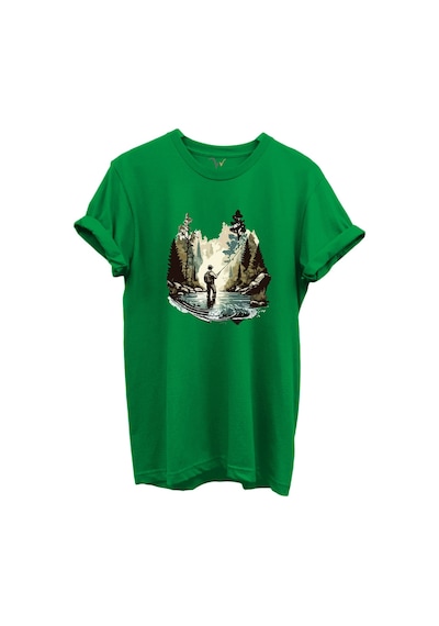 Balık Tutma Temalı Kampçı Desenli %100 Pamuk Regular Fit Unisex T-shirt Yeşil