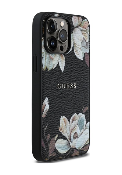 Apple Uyumlu iPhone 14 Pro Max Kılıf Guess Lisanslı M-safe Özellikli Taneli Çiçek Tasarımlı Metal Logolu Siyah