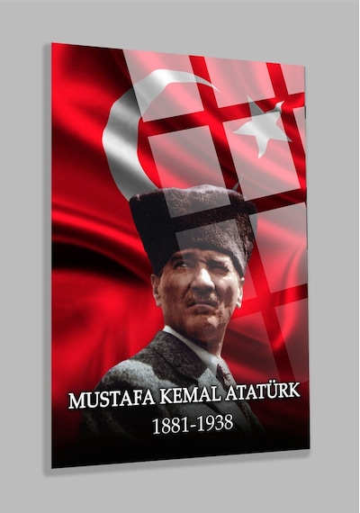 Atatürk Ve Türk Bayrağı 4mm Kırılmaz Yüksek Çözünürlüklü Dikey Cam Tablo