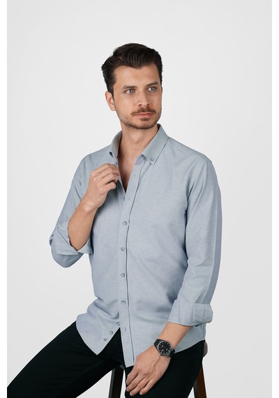 Gri Yaka Düğmeli Premium Şamre Slimfit Erkek Gömlek Gri