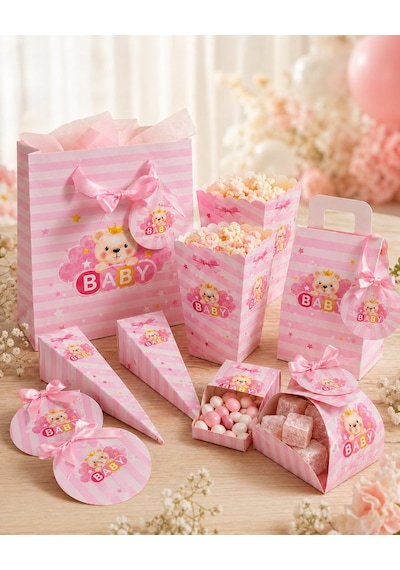 Hoşgeldin Bebeğim Hediyelik Seti, Pembe, Ayıcıklı Baby Shower&doğum Günü İkram Seti, 7 Ürün-48 Parça