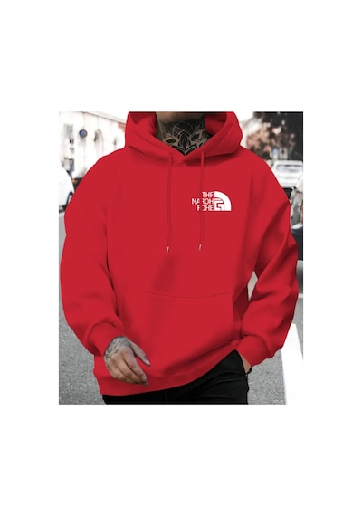 Herkesemoda Göğüs Baskı Yazı Detaylı İçi Polarlı Kapüşonlu Sweatshirt Kırmızı