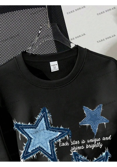 Flood Of Style Yıldız Baskılı Oversize Kalıp Unisex T-shirt Siyah