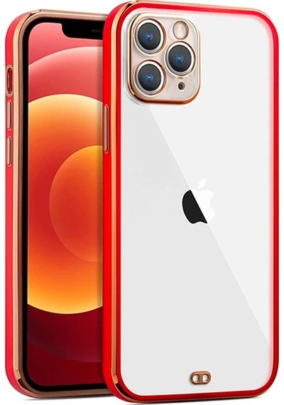 Hepsi iPhone Uyumlu 11 Pro Max 6.5inç Gold Çerçeve Kamera Korumalı Bumper Kılıf- 5775 Najmaddin Kırmızı