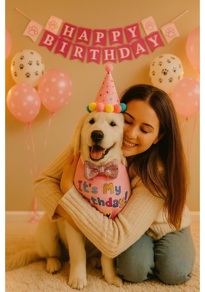 Köpek Kedi Doğum Günü Seti Bandana Şapka Afiş Parti Dekorasyonu, Şapyon Tasma Aksesuarı, Erkek Pembe