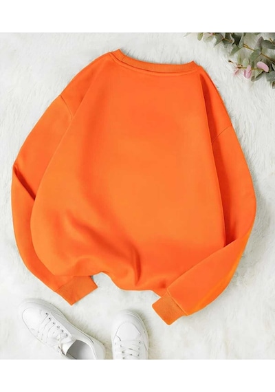 Kozia Outdoors Never Baskılı Oversize Unisex Bisiklet Yaka Sweatşhirt Turuncu Turuncu