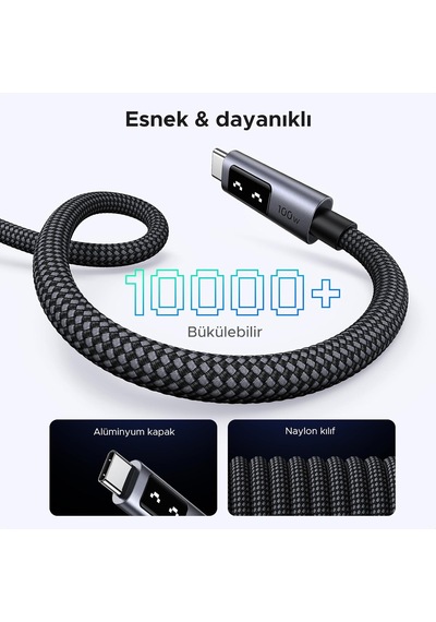 Uno Usb-c 100w 5a Qc Pd Örgülü Hızlı Şarj Kablosu, 1 Metre, Siyah, 35501 Diger