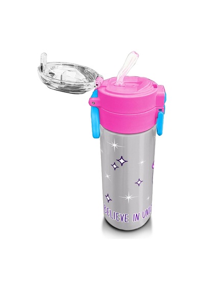 Coral High Kids Pembe Gümüş Unicorn Desenli Pipetli Ve Direkt İçim Çelik Termos 500 Ml 31821 Gümüş