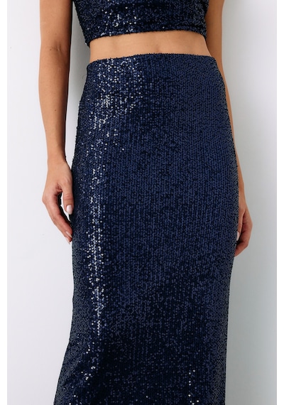 Sateen Pul Payetli Midi Etek - Lacivert-135193 Lacivert